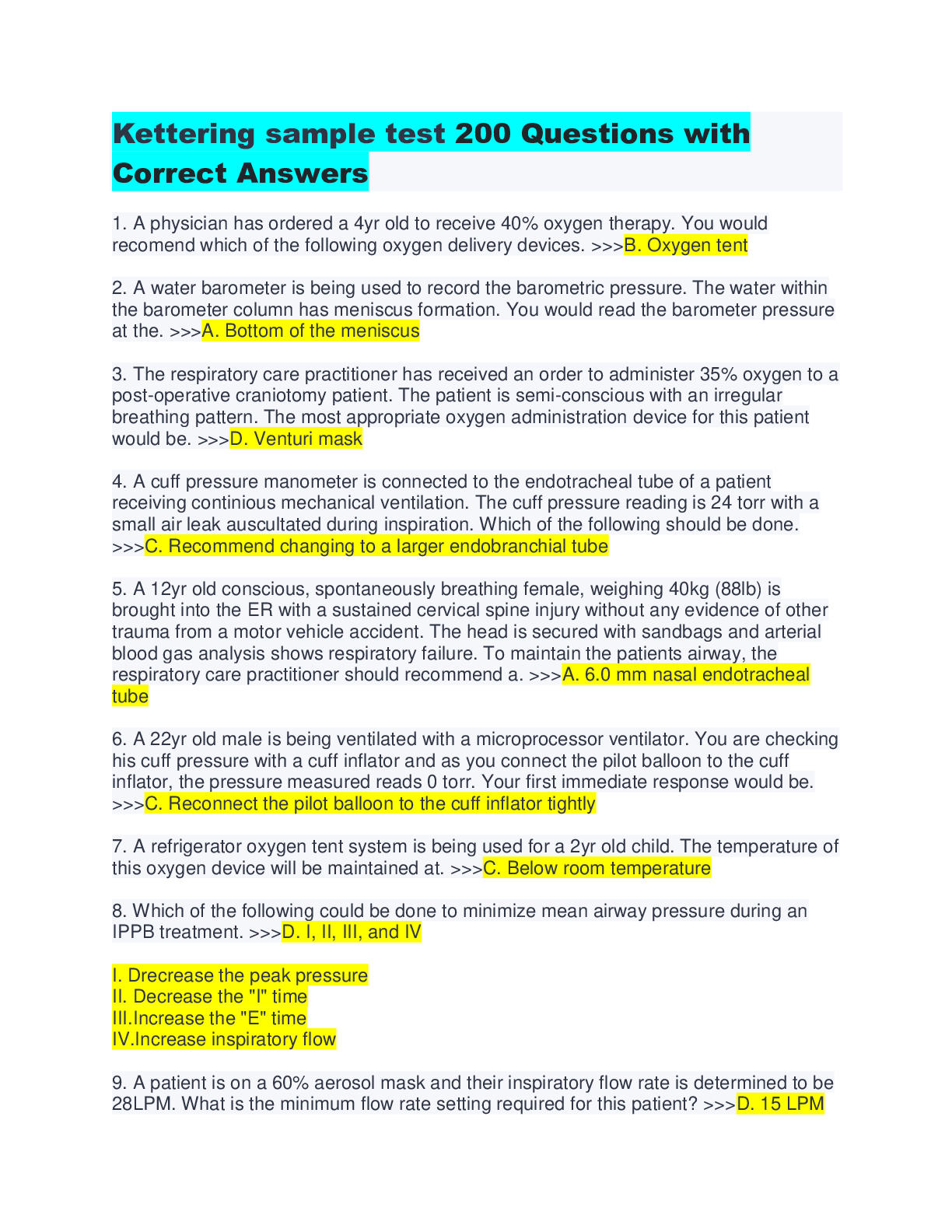 Preview image of Kettering sample test 200 Questions with Correct Answers document